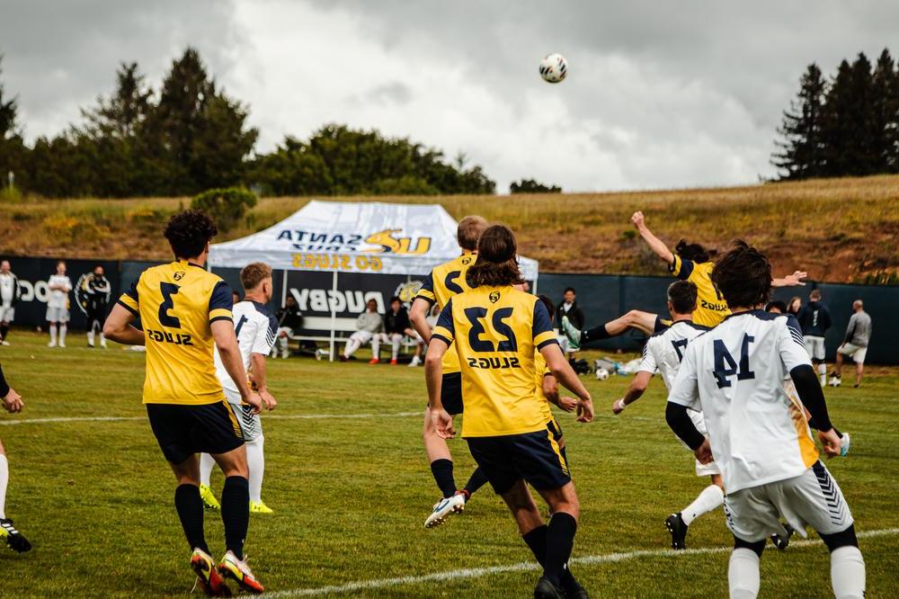 Mens soccer team playing game.